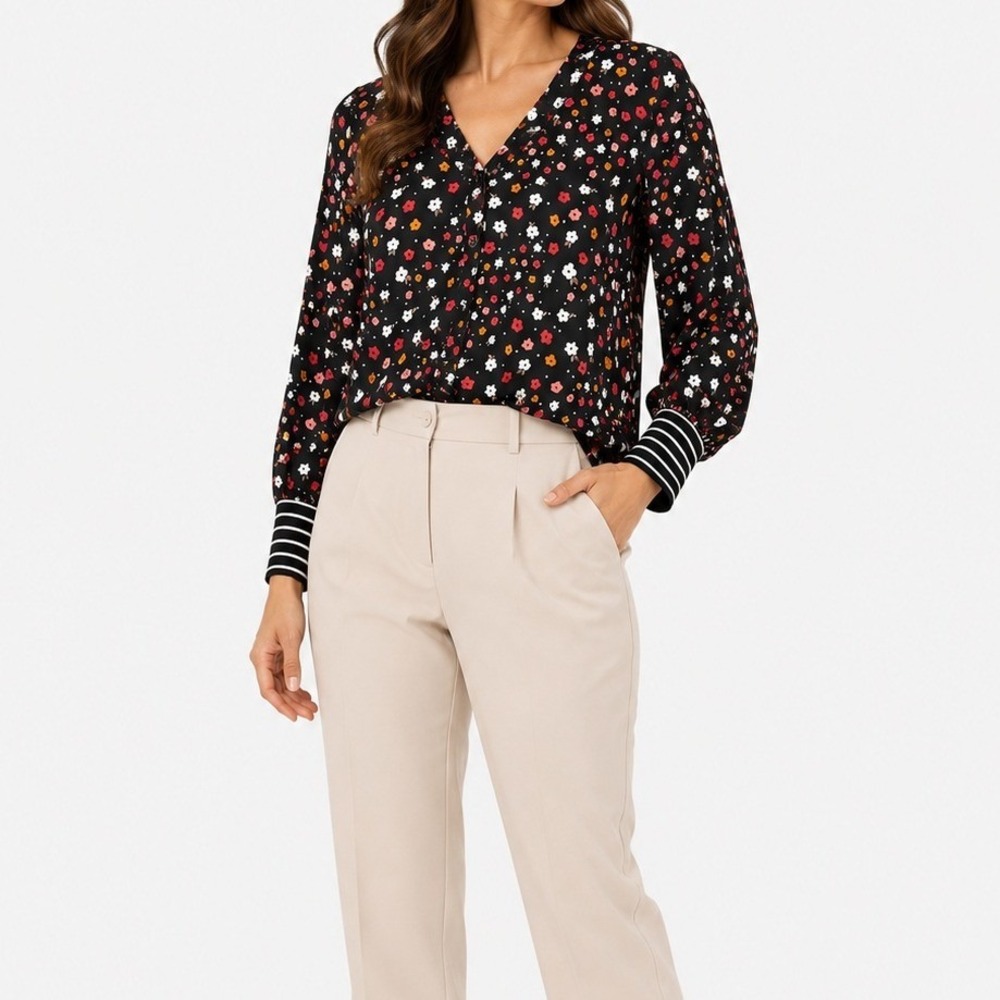 Cabi Floral Button Up Blouse Women XS Black Boho Classic Long Sleeve 3957
